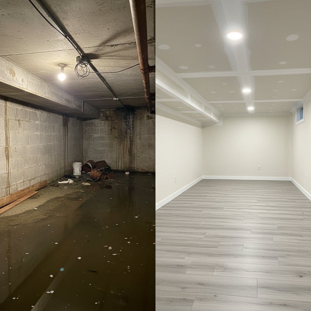 Water Damage Restoration before and after in residential basement, Paramus NJ