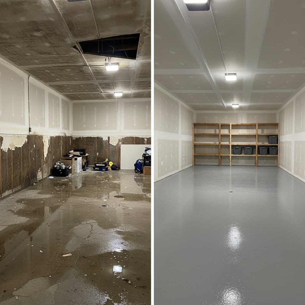 Basement Flood Cleanup before and after in garage, Paramus NJ