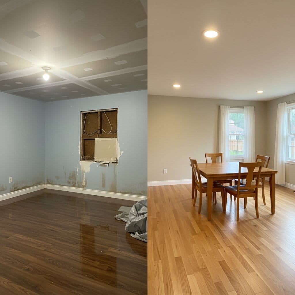 Before and after burst pipe & plumbing leak damage in Paramus bungalow dining room