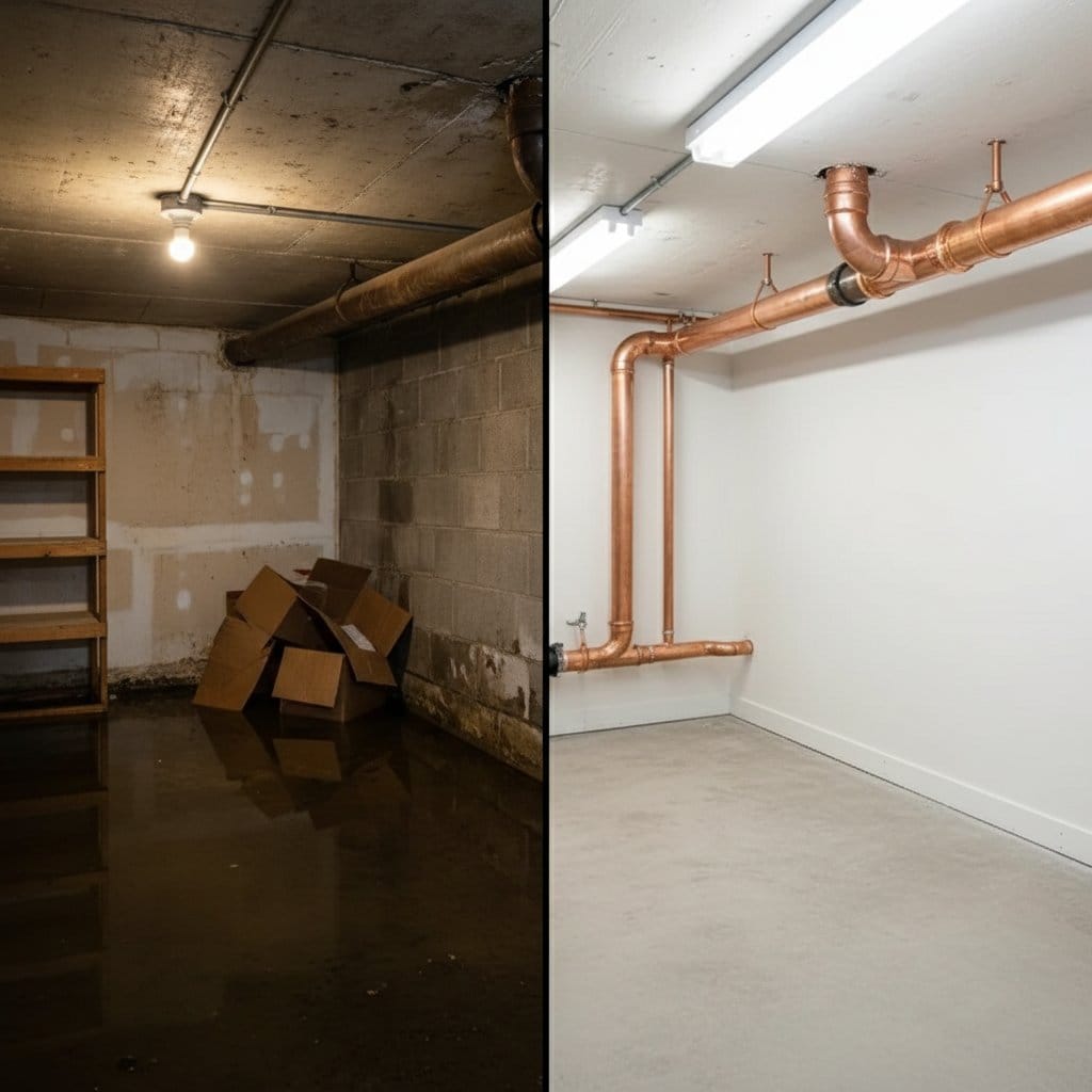 Storm & Roof Leak Water Damage restoration — utility room of split-level home in Paramus, NJ