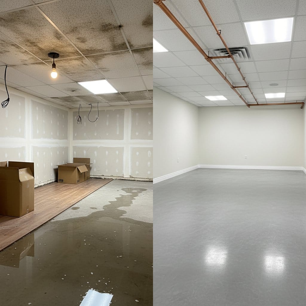 Before and after storm & roof leak water damage in Paramus Cape Cod house storefront interior
