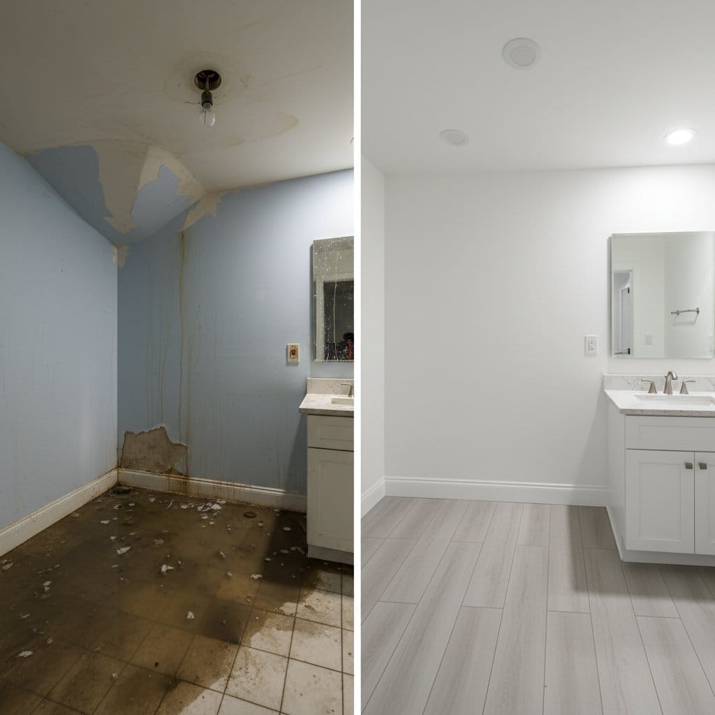 Before and after sewage backup cleanup in Paramus private residence bathroom