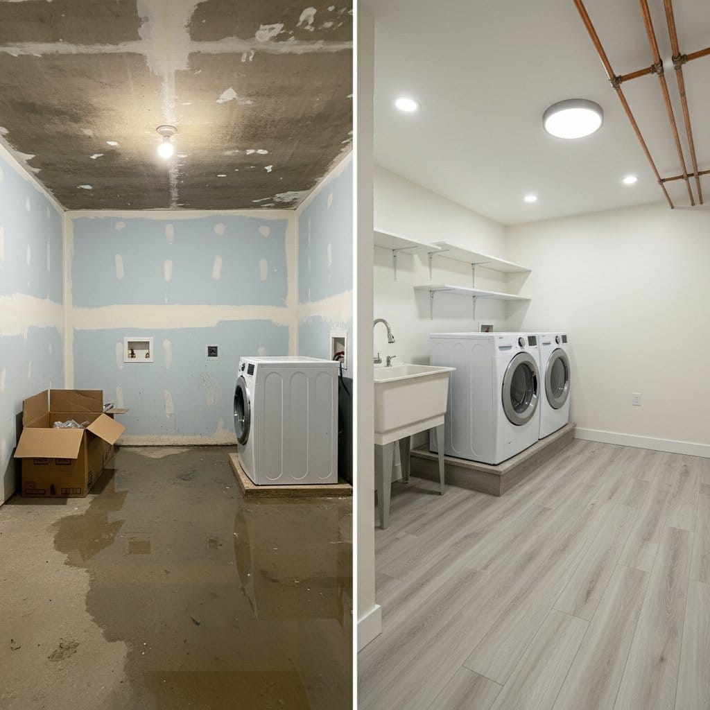 Wall & Ceiling Dry-Out restoration — laundry room of Cape Cod house in Paramus, NJ