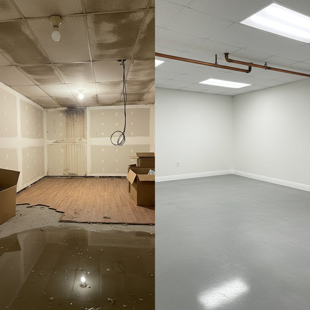 Before and after content drying & property cleanup in Paramus townhouse storefront interior