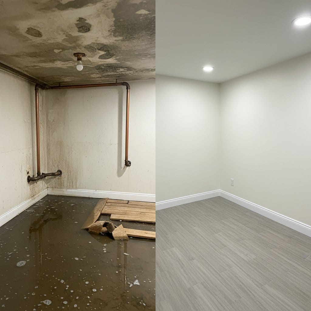 Before and after mold prevention after water damage in Paramus Victorian home bathroom